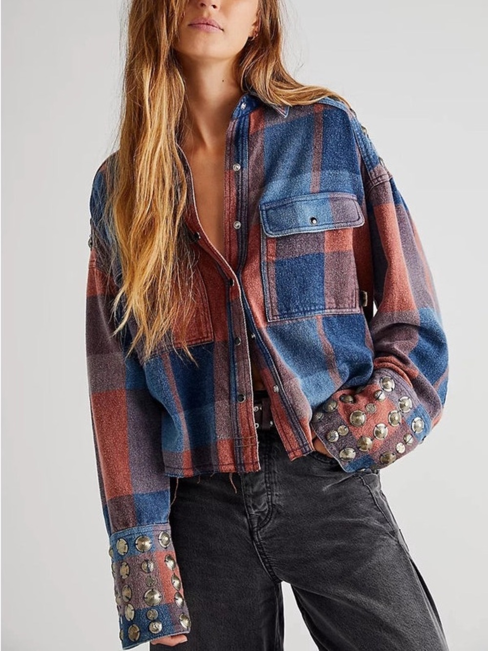 FREE PEOPLE Austin Plaid Studded Shacket Plaid Jacket Small